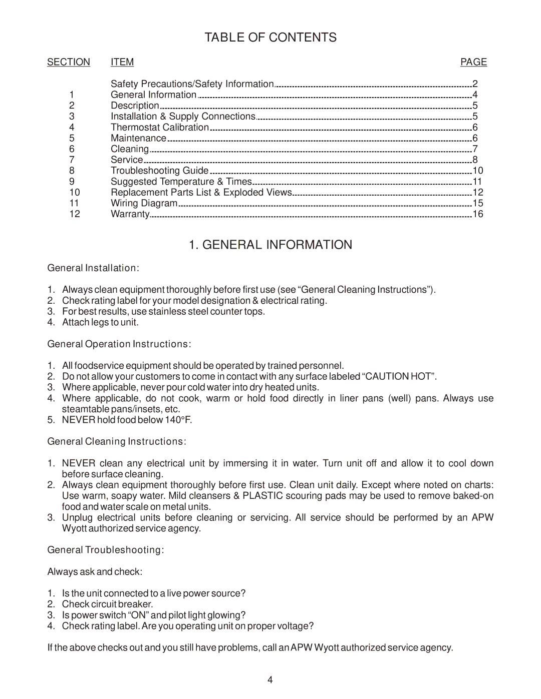 APW Wyott EF-30 operating instructions Table of Contents, General Information 