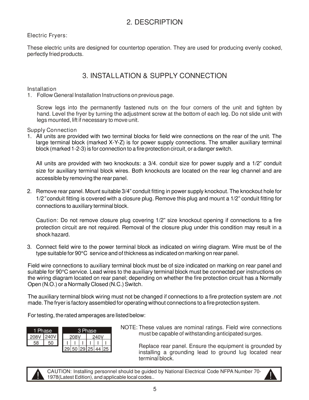 APW Wyott EF-30 operating instructions Description, Installation & Supply Connection 