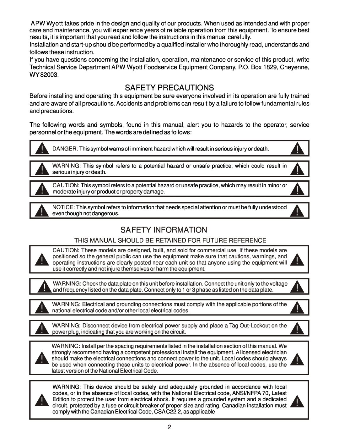 APW Wyott EF-30 Safety Precautions, Safety Information, This Manual Should Be Retained For Future Reference 