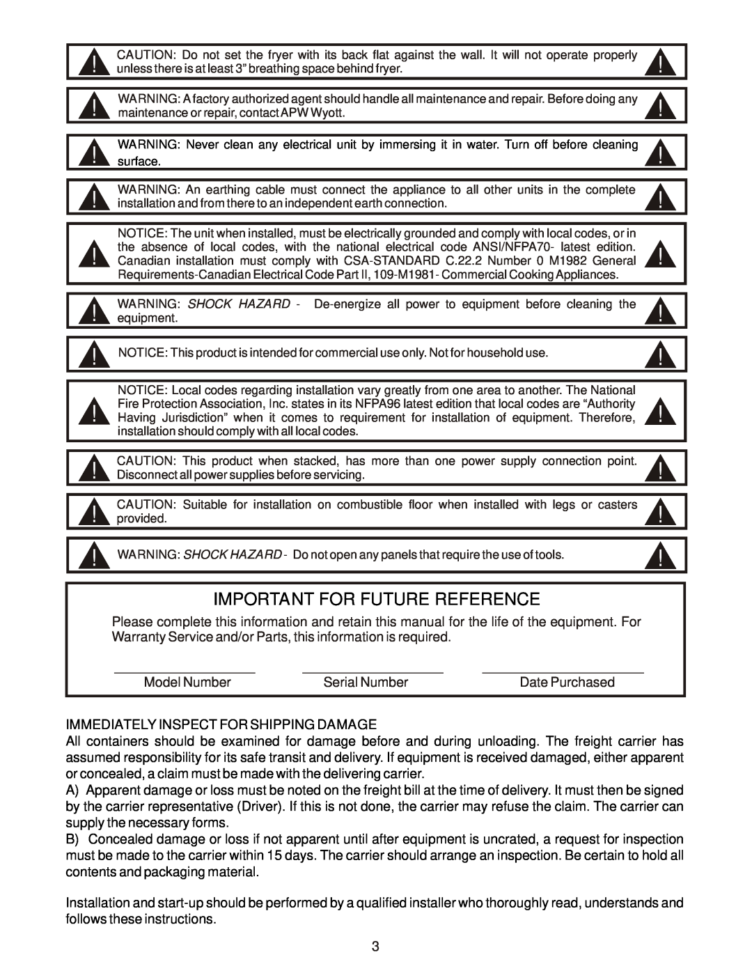 APW Wyott EF-30 operating instructions Important For Future Reference, Immediately Inspect For Shipping Damage 