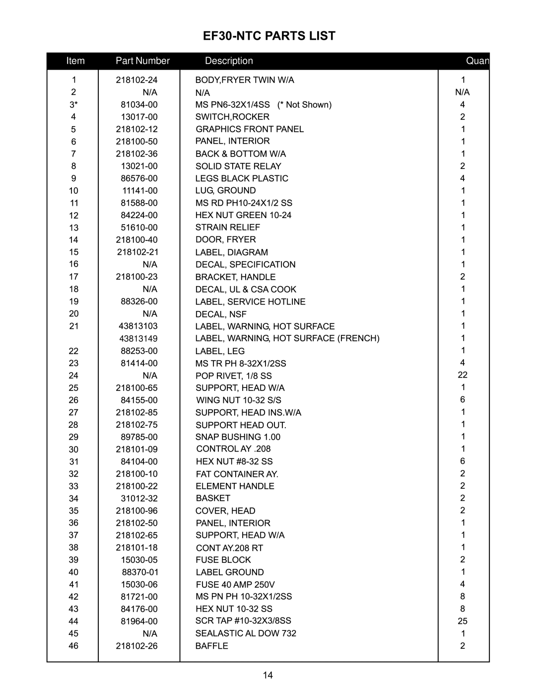 APW Wyott EF-15N, EF-30NTC operating instructions 43813149, EF30-NTC Parts List 