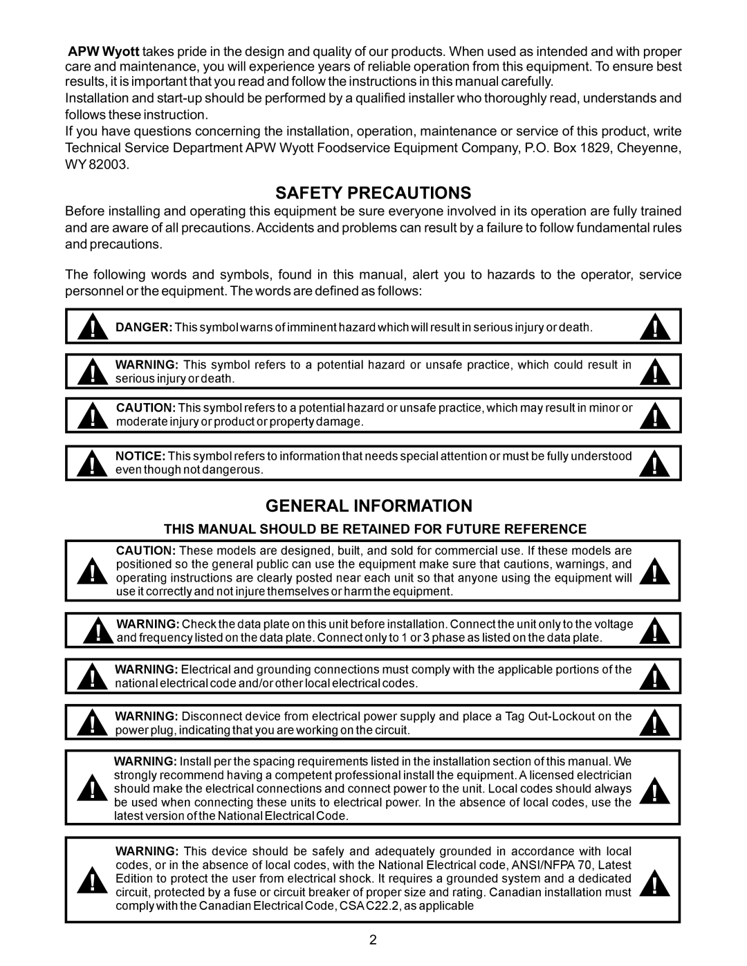 APW Wyott EF-15N, EF-30NTC operating instructions Safety Precautions, General Information 