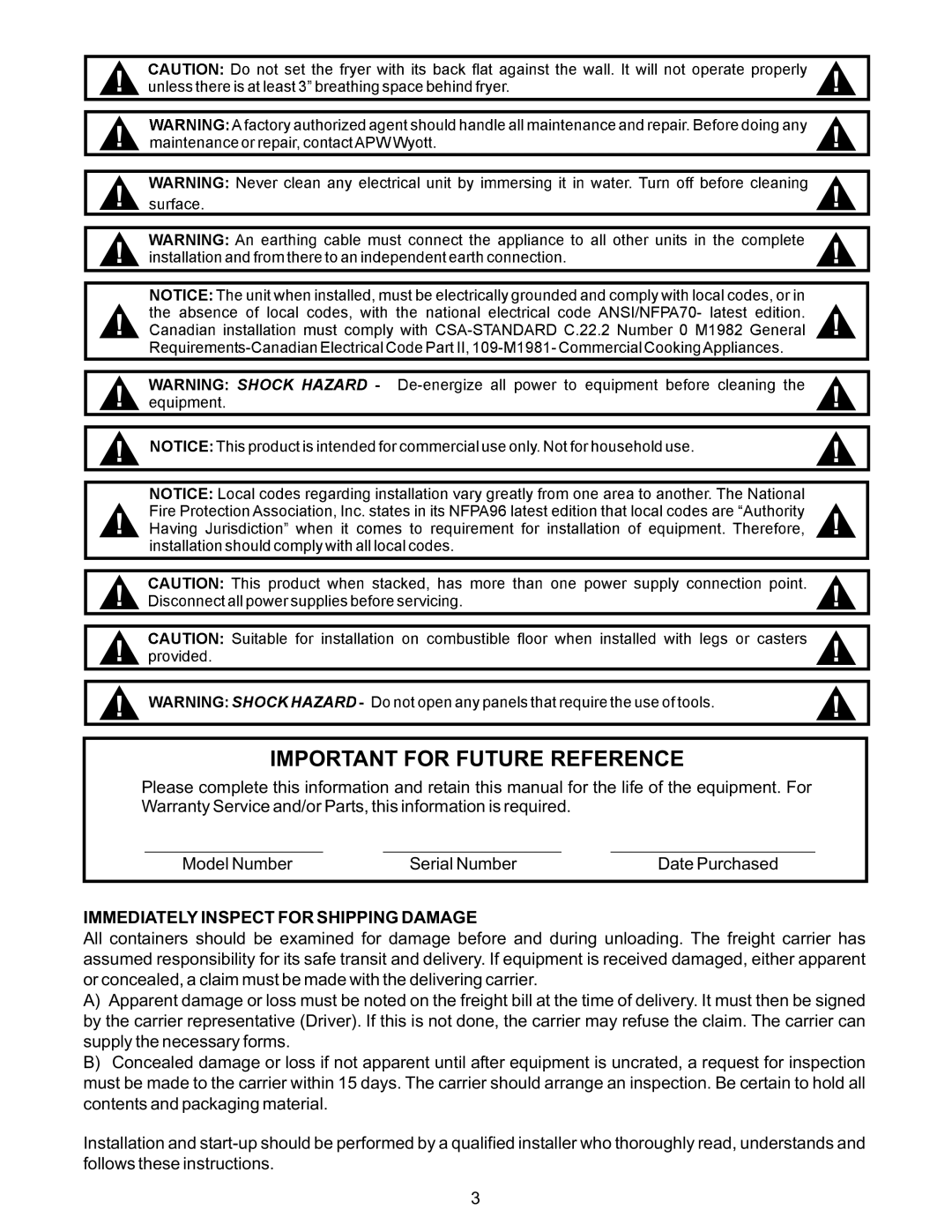 APW Wyott EF-30NTC, EF-15N operating instructions Important for Future Reference, Immediately Inspect for Shipping Damage 