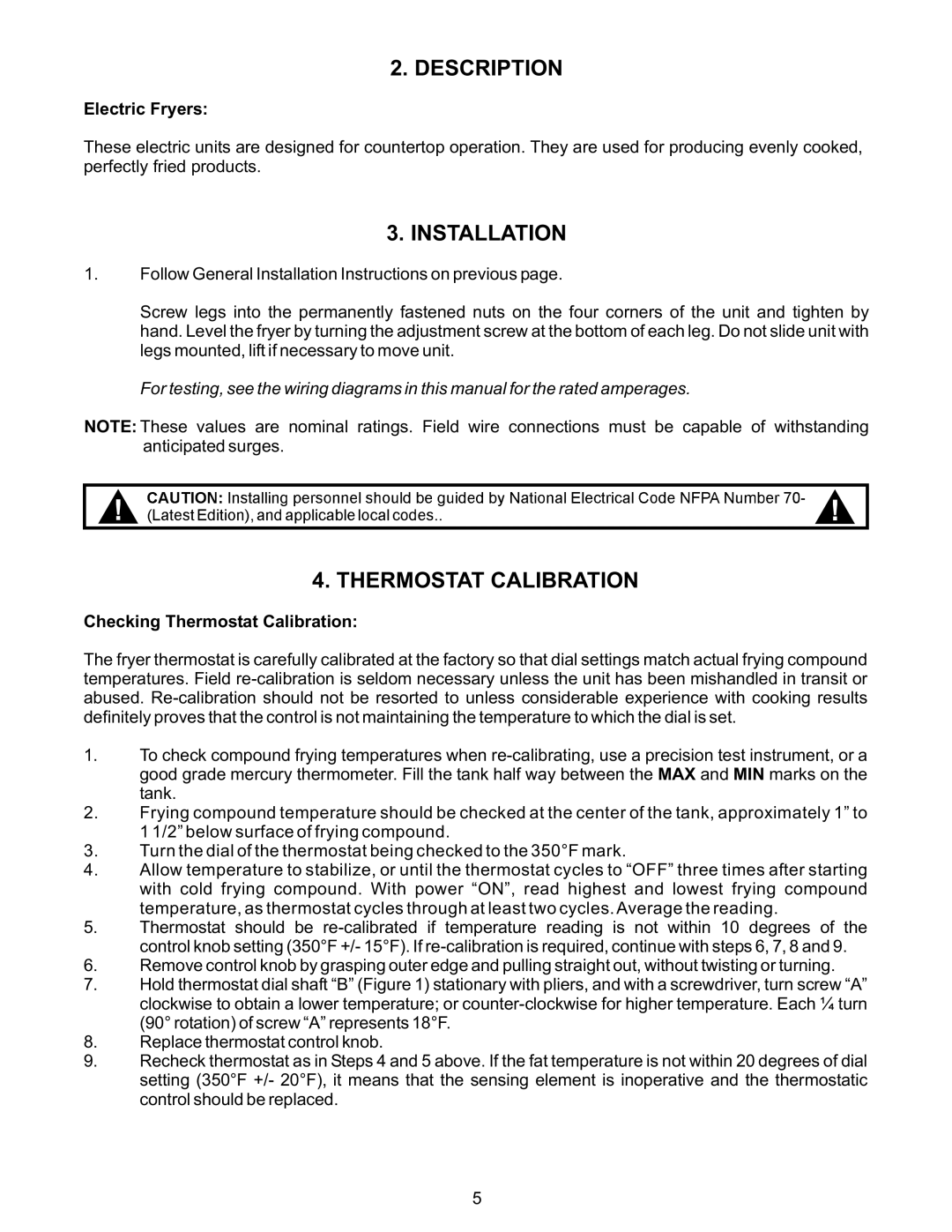 APW Wyott EF-15N, EF-30NTC operating instructions Description, Thermostat Calibration 