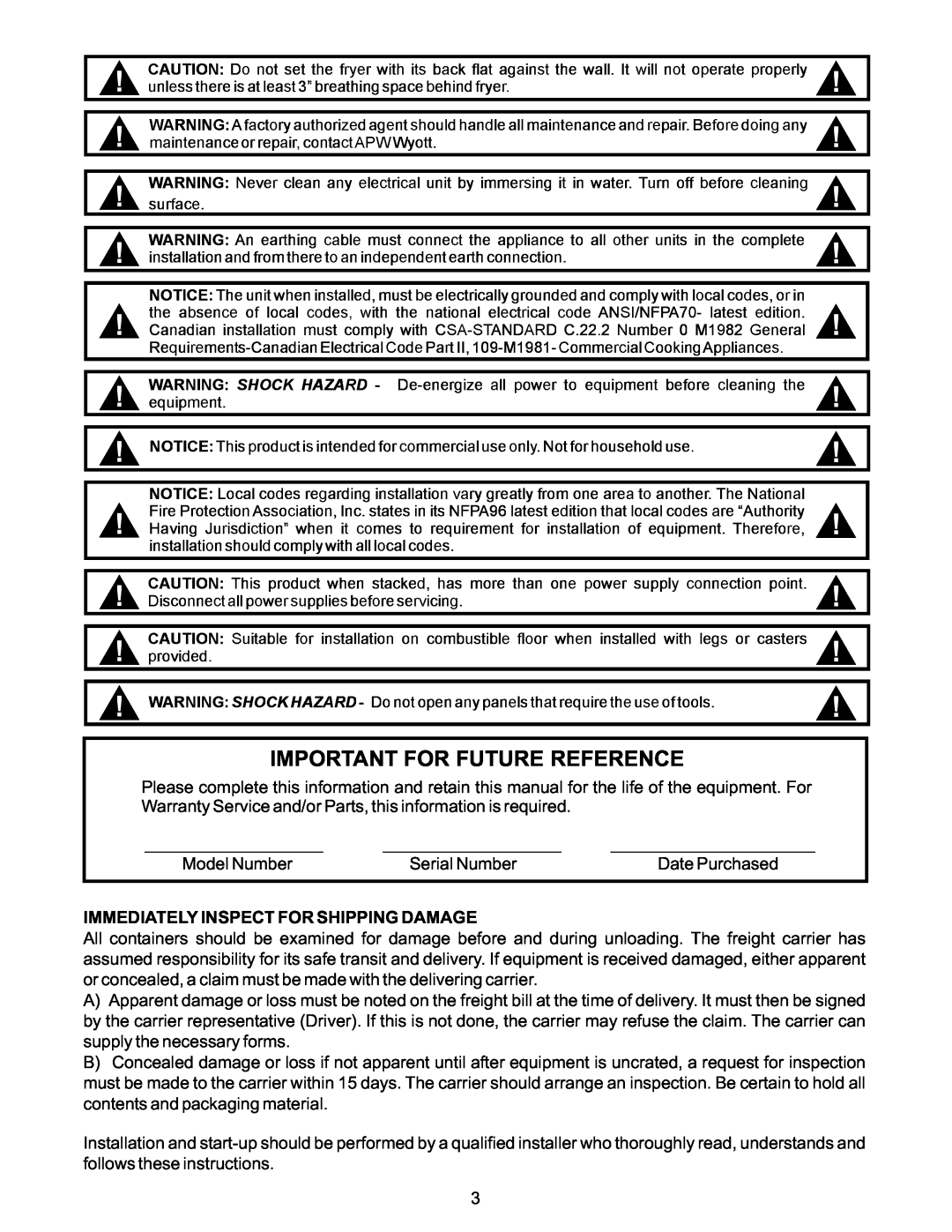 APW Wyott EF-30NTC, EF-15N operating instructions Important For Future Reference, Immediately Inspect For Shipping Damage 