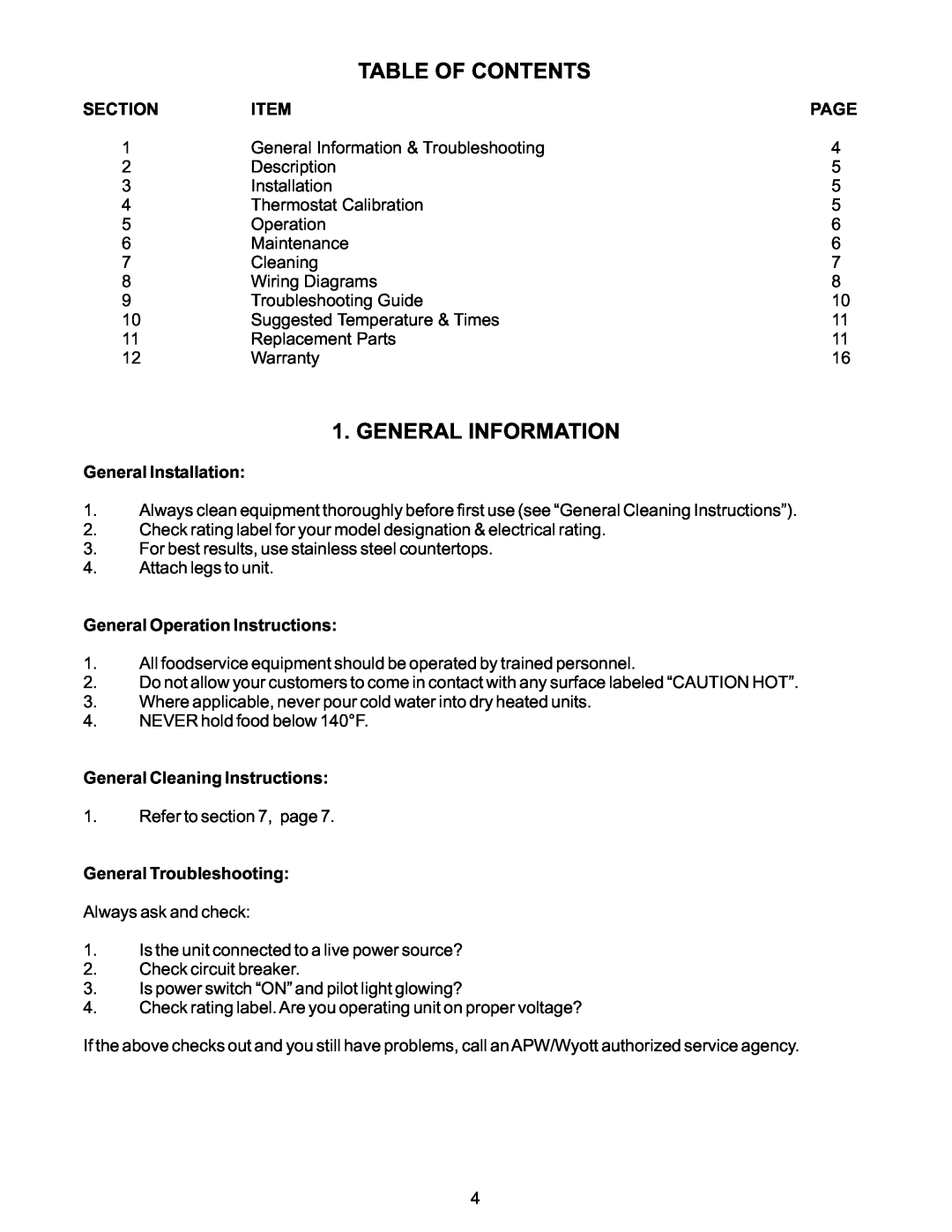 APW Wyott EF-30NT Table Of Contents, General Information, Section, Page, General Installation, General Troubleshooting 