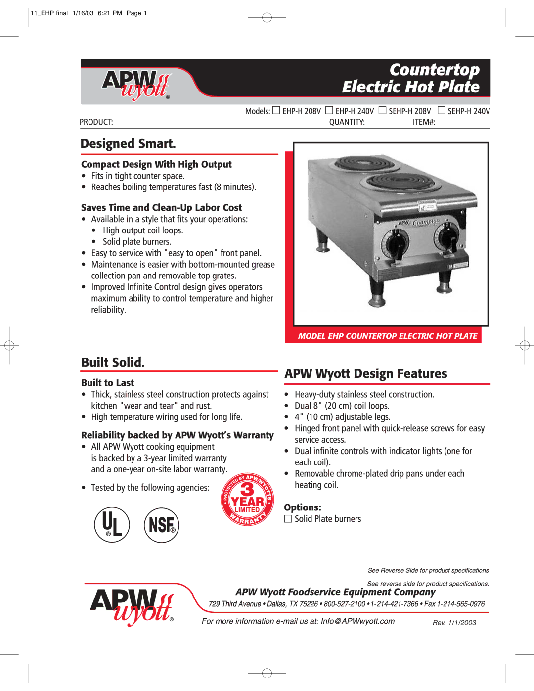 APW Wyott SEHP-H manual Rev /1/2003 