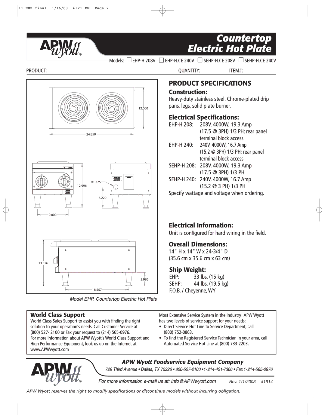 APW Wyott SEHP-H manual 11EHP final 1/16/03 621 PM 