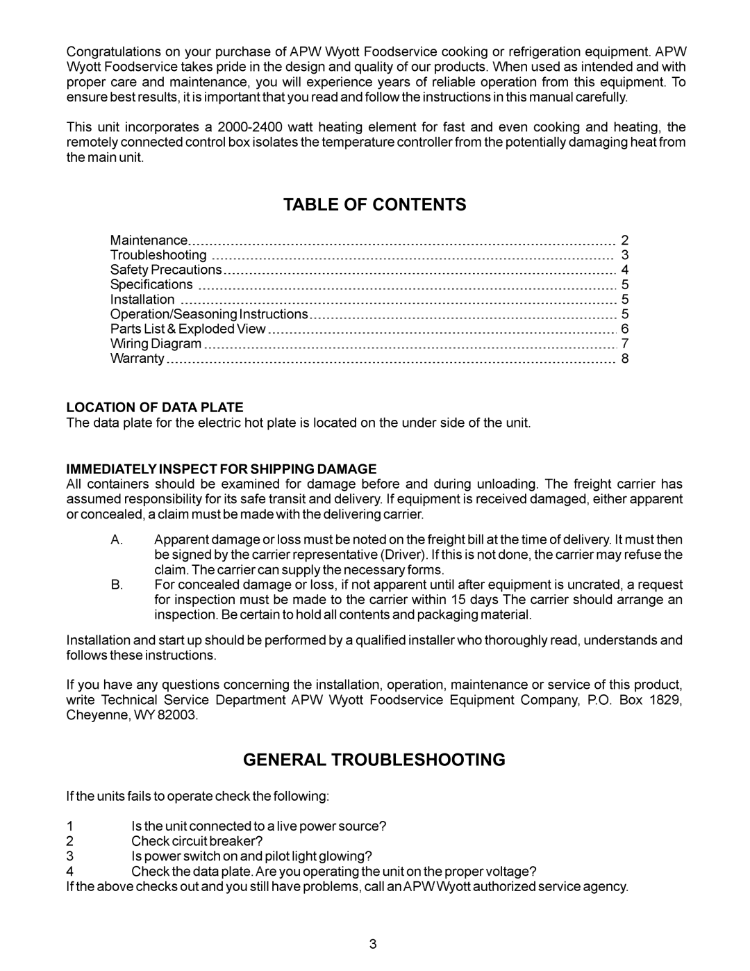 APW Wyott SEHP manual Table of Contents 