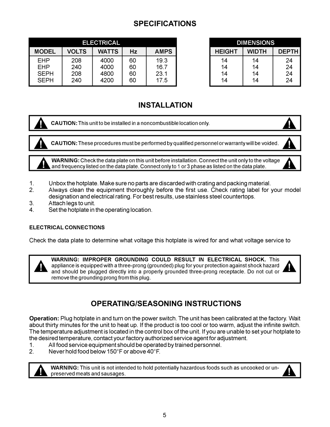 APW Wyott SEHP manual Installation 