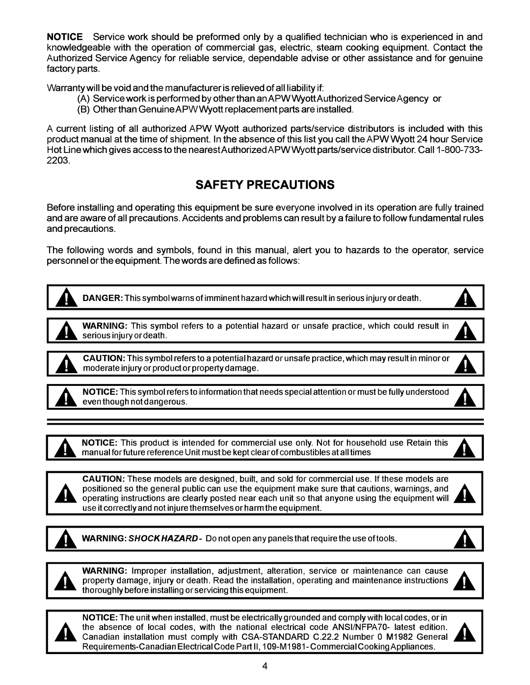 APW Wyott SEHP manual Safety Precautions 