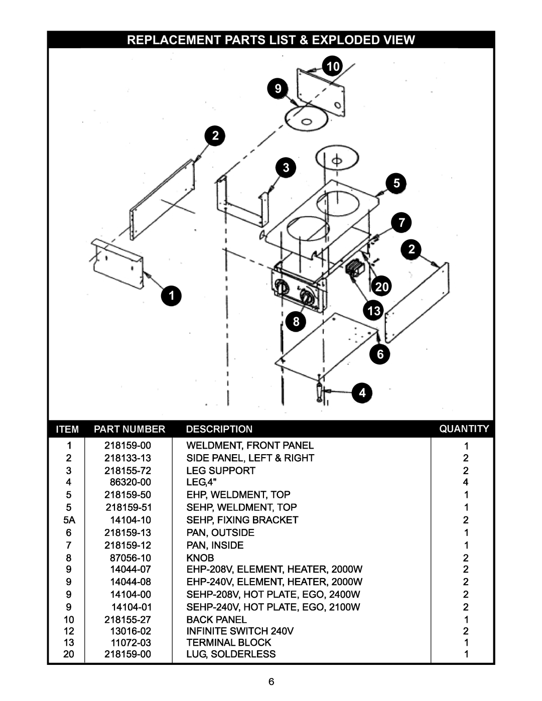 APW Wyott SEHP manual Replacement Parts List & Exploded View 