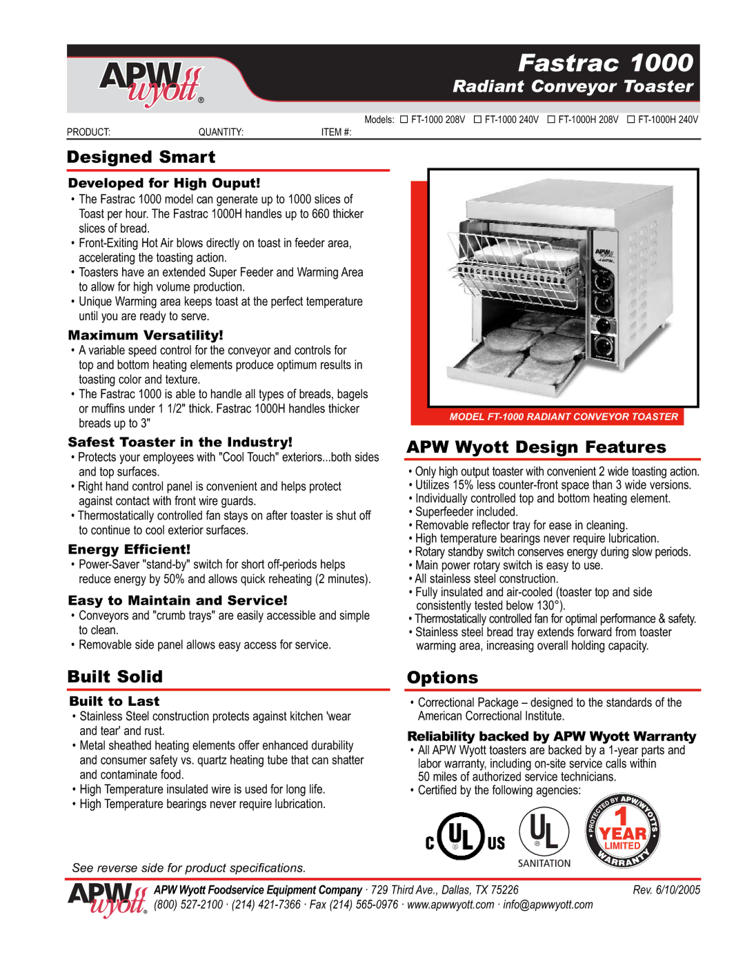 APW Wyott Fastrac 1000 warranty Designed Smart, APW Wyott Design Features, Built Solid, Options 