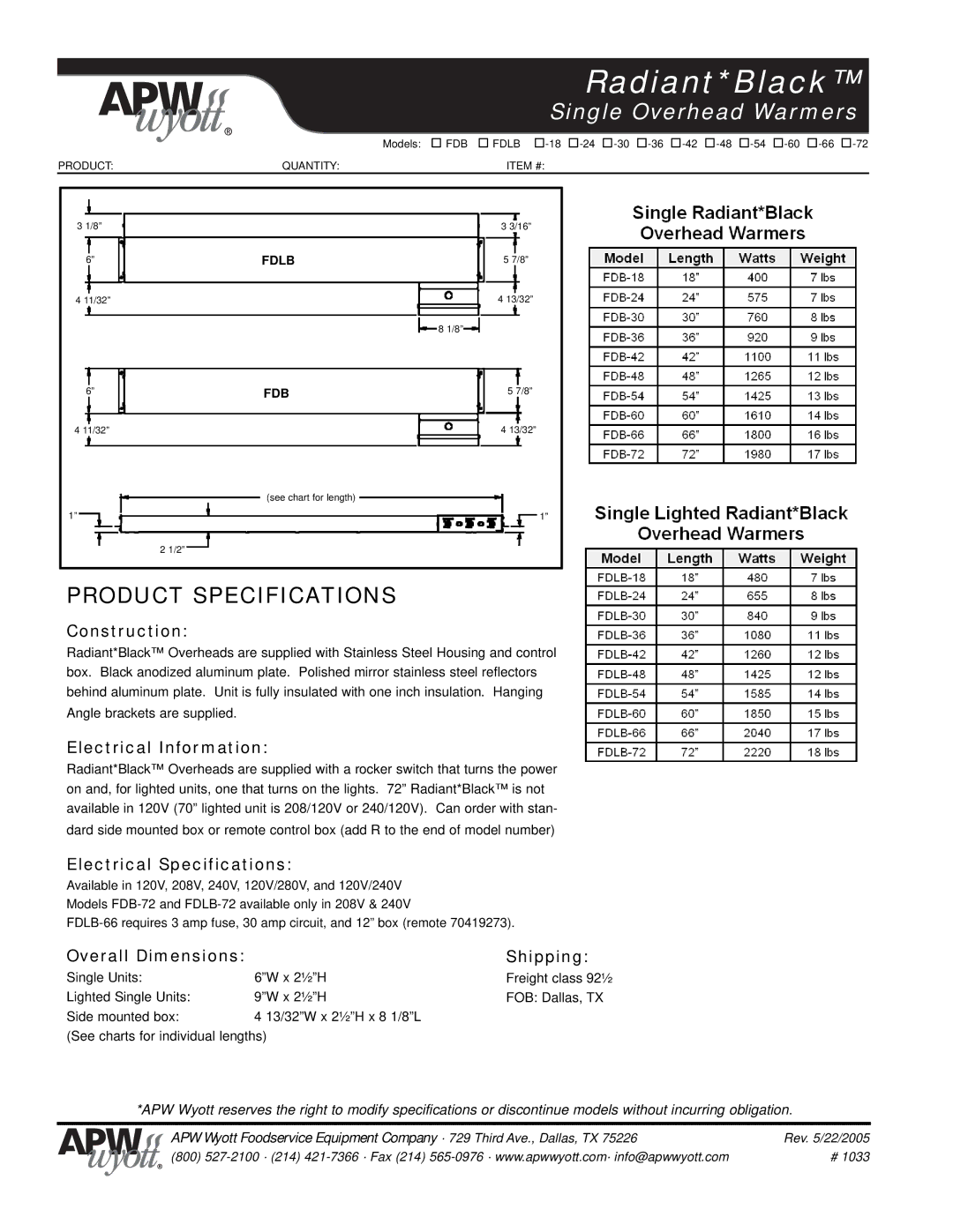 APW Wyott 60, FDB, FDLB, 66, 48 Construction, Electrical Information, Electrical Specifications, Overall Dimensions Shipping 