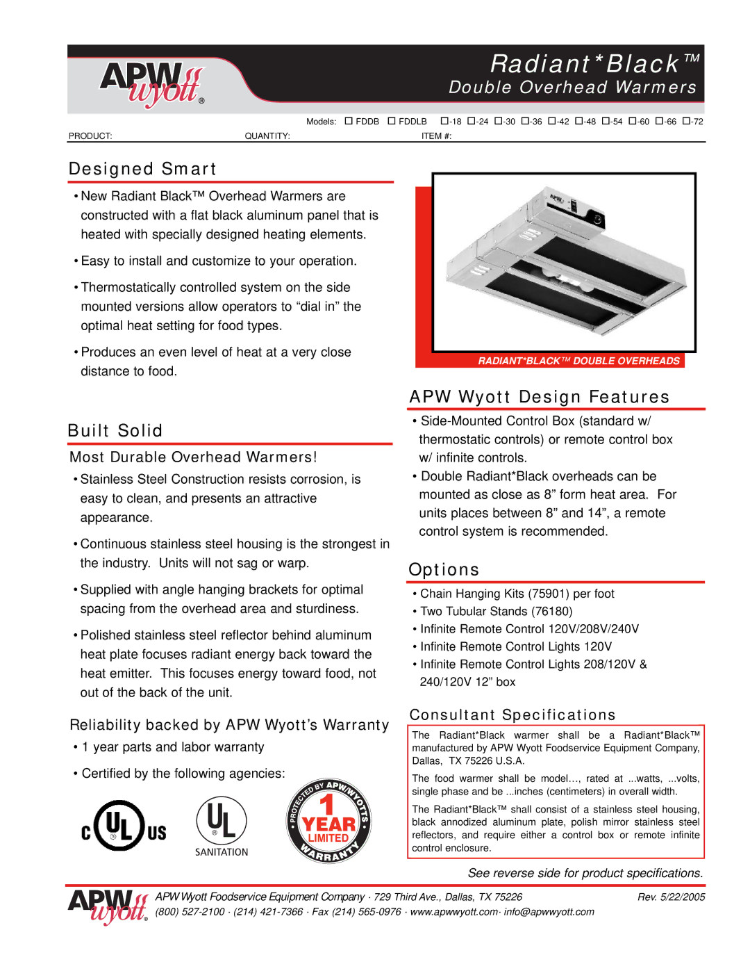 APW Wyott FDDLB, FDDB warranty Designed Smart, Built Solid, APW Wyott Design Features, Options 