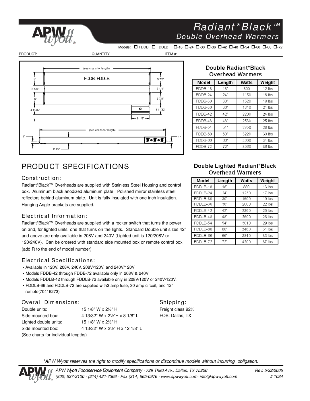 APW Wyott FDDB, FDDLB warranty Construction, Electrical Information, Electrical Specifications, Overall Dimensions Shipping 