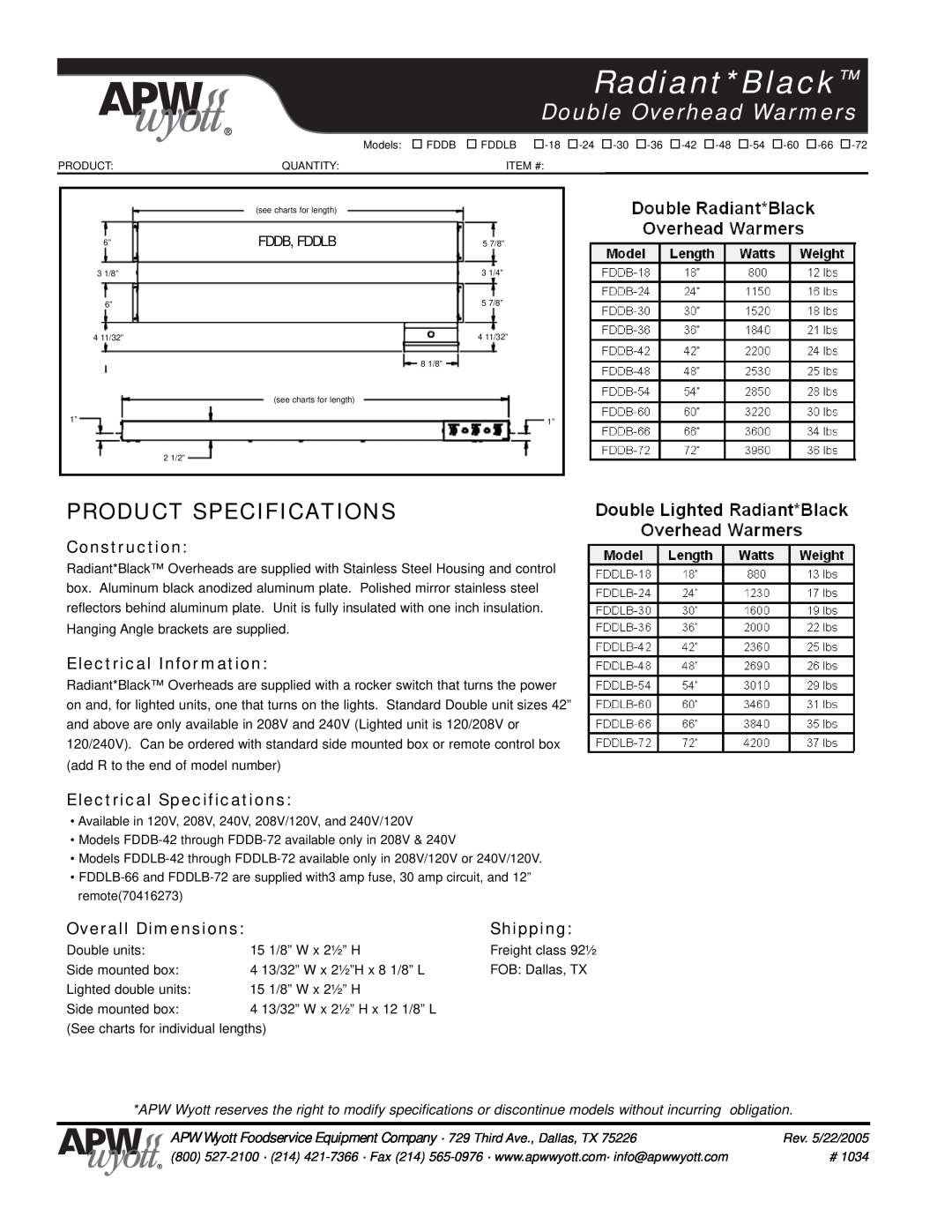 APW Wyott FDDB, FDDLB Product Specifications, Radiant*Black, Double Overhead Warmers, Construction, Electrical Information 