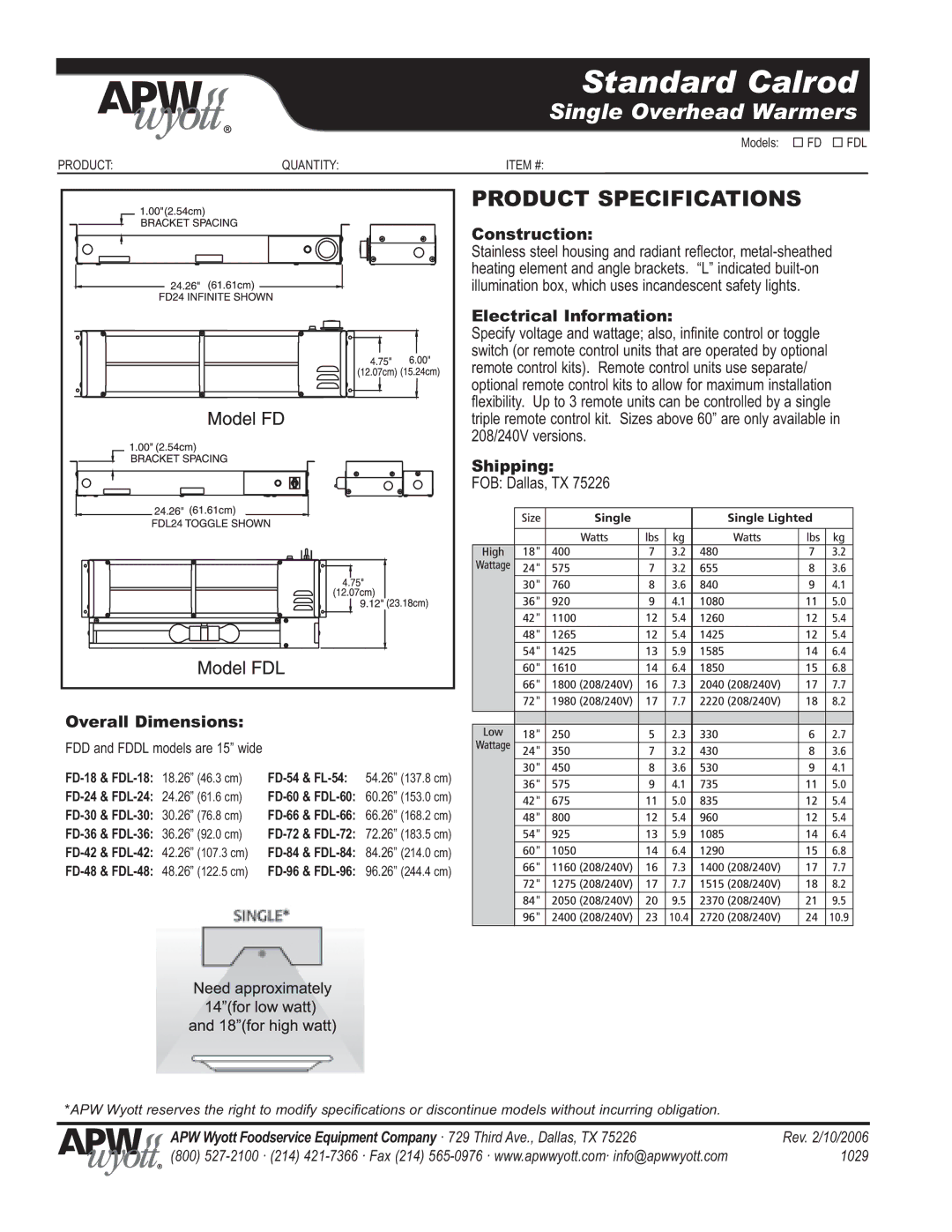 APW Wyott FDL warranty Construction, Electrical Information, Shipping, Overall Dimensions 