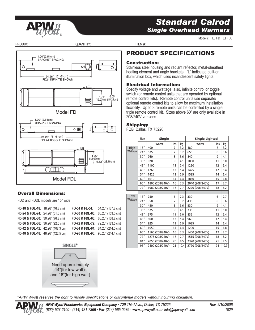 APW Wyott FDL Product Specifications, Standard Calrod, Single Overhead Warmers, Construction, Electrical Information 