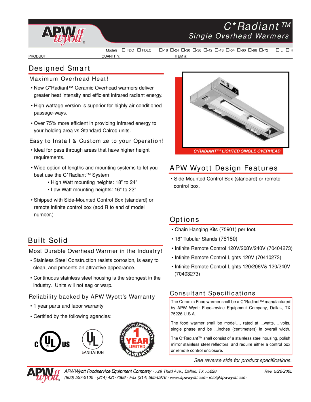 APW Wyott FDC, FDLC warranty Designed Smart, Built Solid, APW Wyott Design Features, Options 