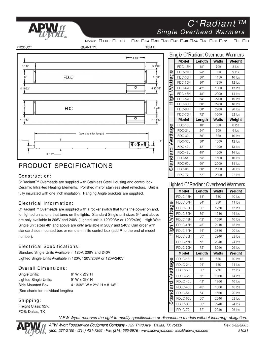 APW Wyott FDLC, FDC warranty Construction, Electrical Information, Electrical Specifications, Overall Dimensions, Shipping 