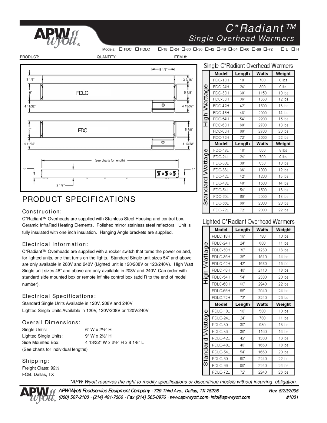 APW Wyott FDLC, FDC Product Specifications, C*Radiant, Single Overhead Warmers, Fdlc, Construction, Electrical Information 