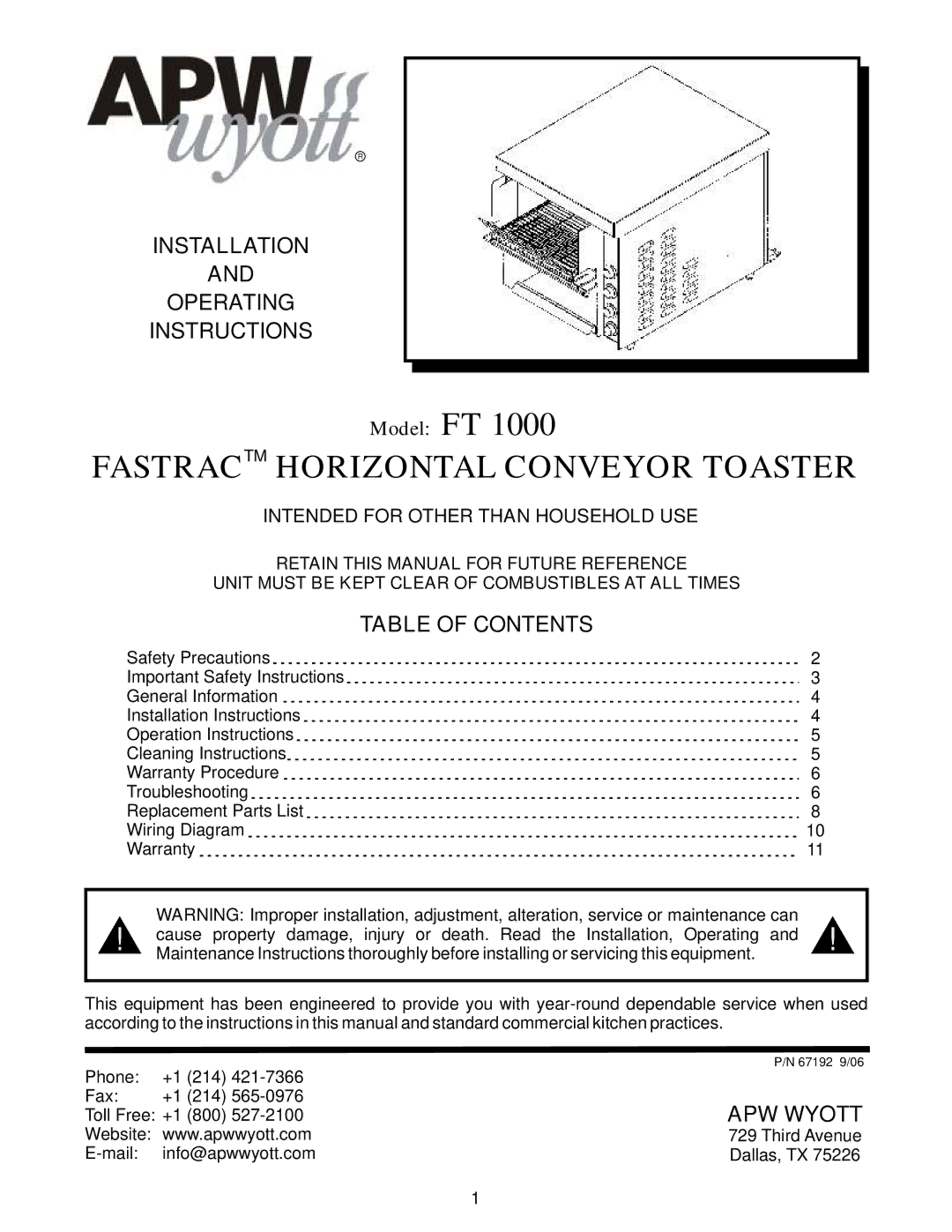 APW Wyott FT 1000 operating instructions Installation Operating Instructions, Table of Contents 