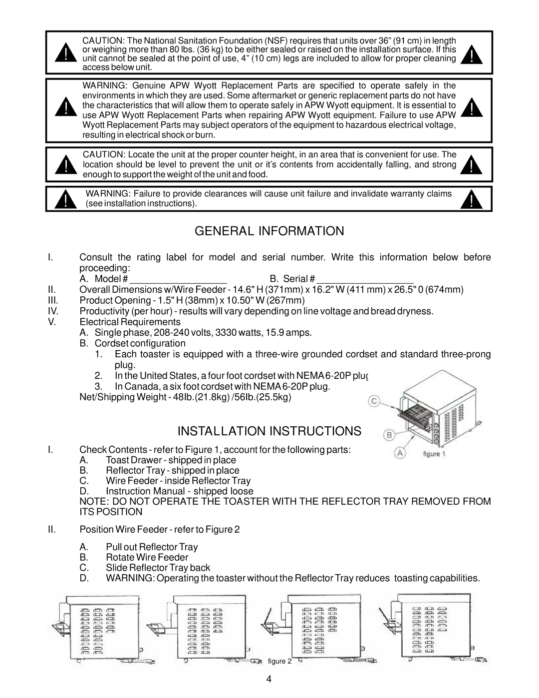 APW Wyott FT 1000 operating instructions General Information, Installation Instructions 