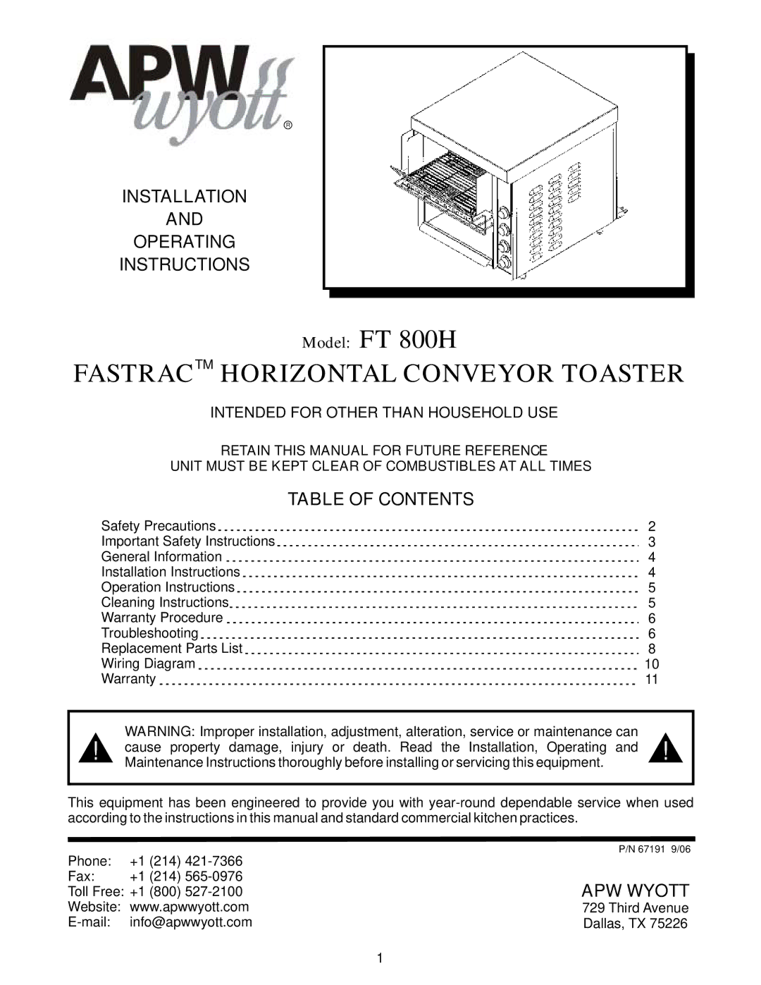 APW Wyott FT 800H operating instructions Installation Operating Instructions, Table of Contents 