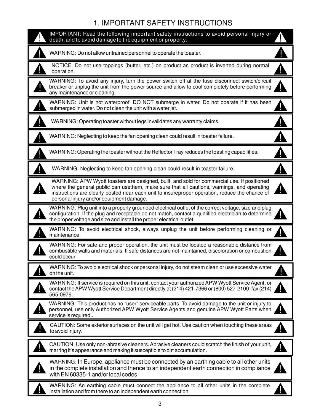 APW Wyott FT 800H operating instructions Important Safety Instructions, With EN 60335-1 and/or local codes 