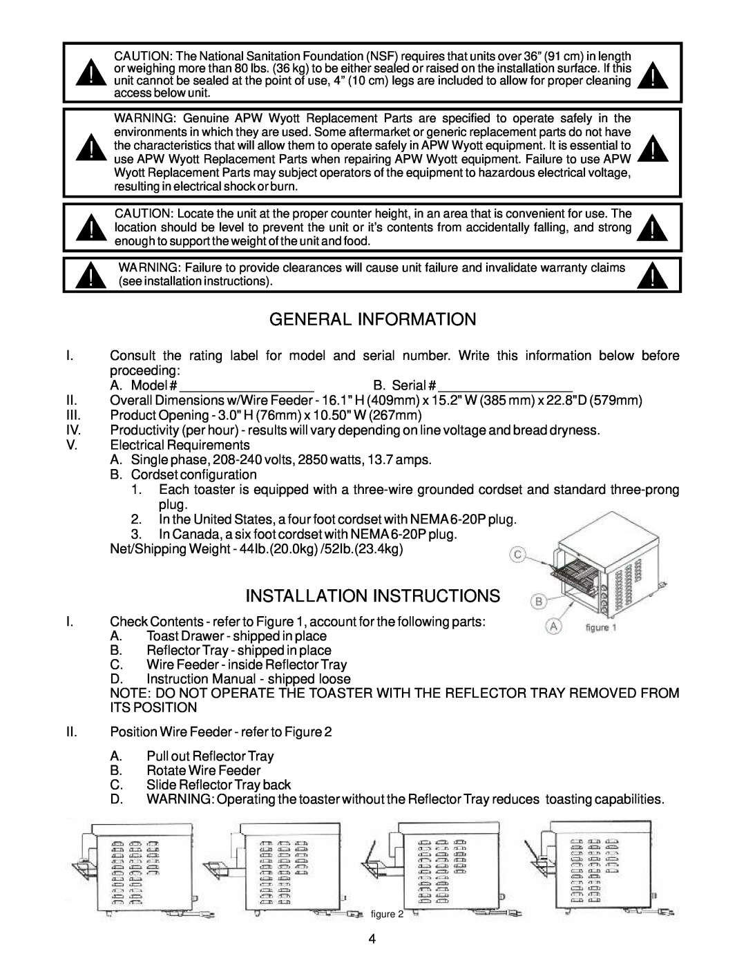 APW Wyott FT 800H operating instructions General Information, Installation Instructions 