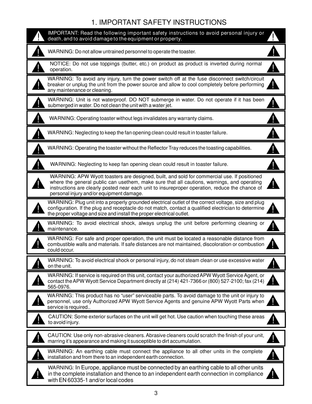 APW Wyott FT1000H operating instructions Important Safety Instructions, With EN 60335-1 and/or local codes 