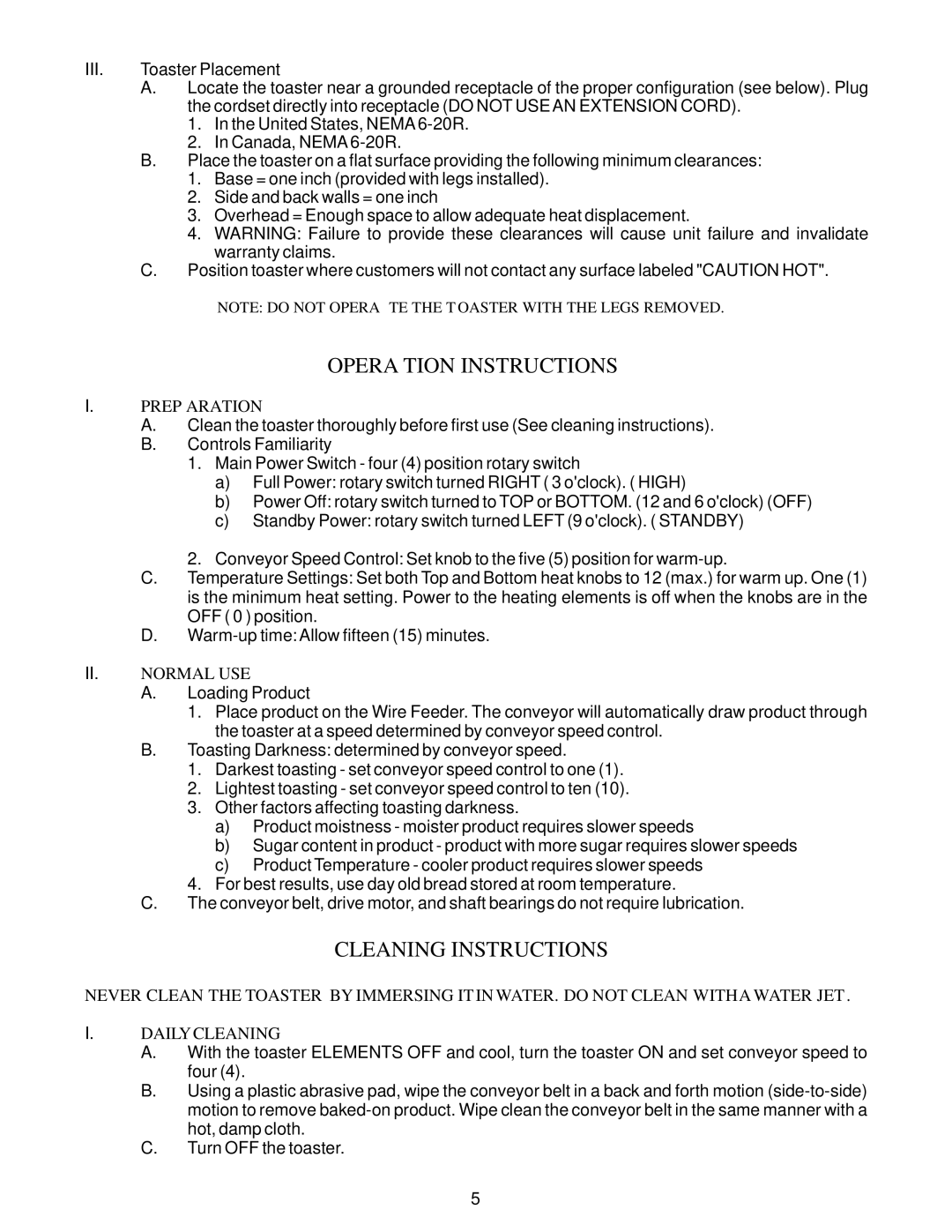 APW Wyott FT1000H operating instructions Operation Instructions, Cleaning Instructions 