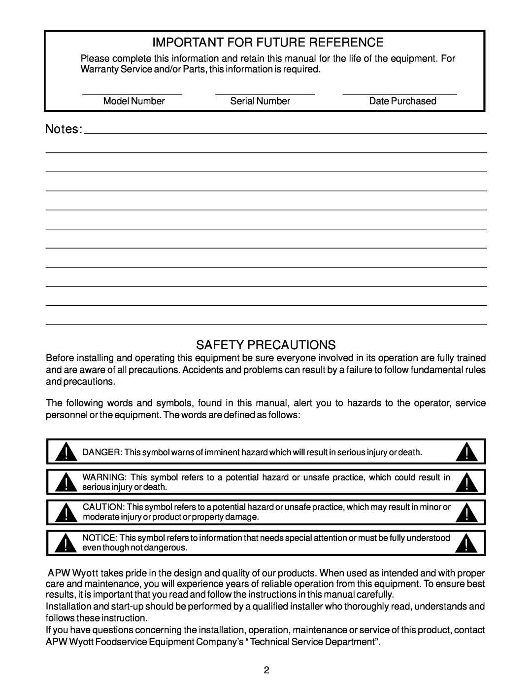 APW Wyott FT1000H operating instructions Important For Future Reference, Notes SAFETY PRECAUTIONS 