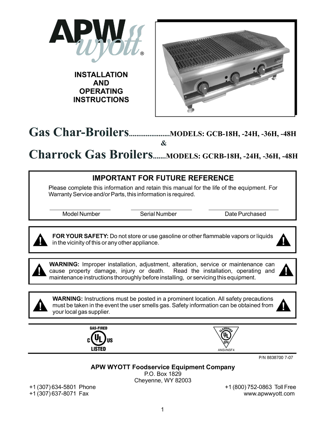 APW Wyott GCRB-36H, GCRB-48H, GCB-18H, GCB-48H warranty Installation Operating Instructions, Important for Future Reference 