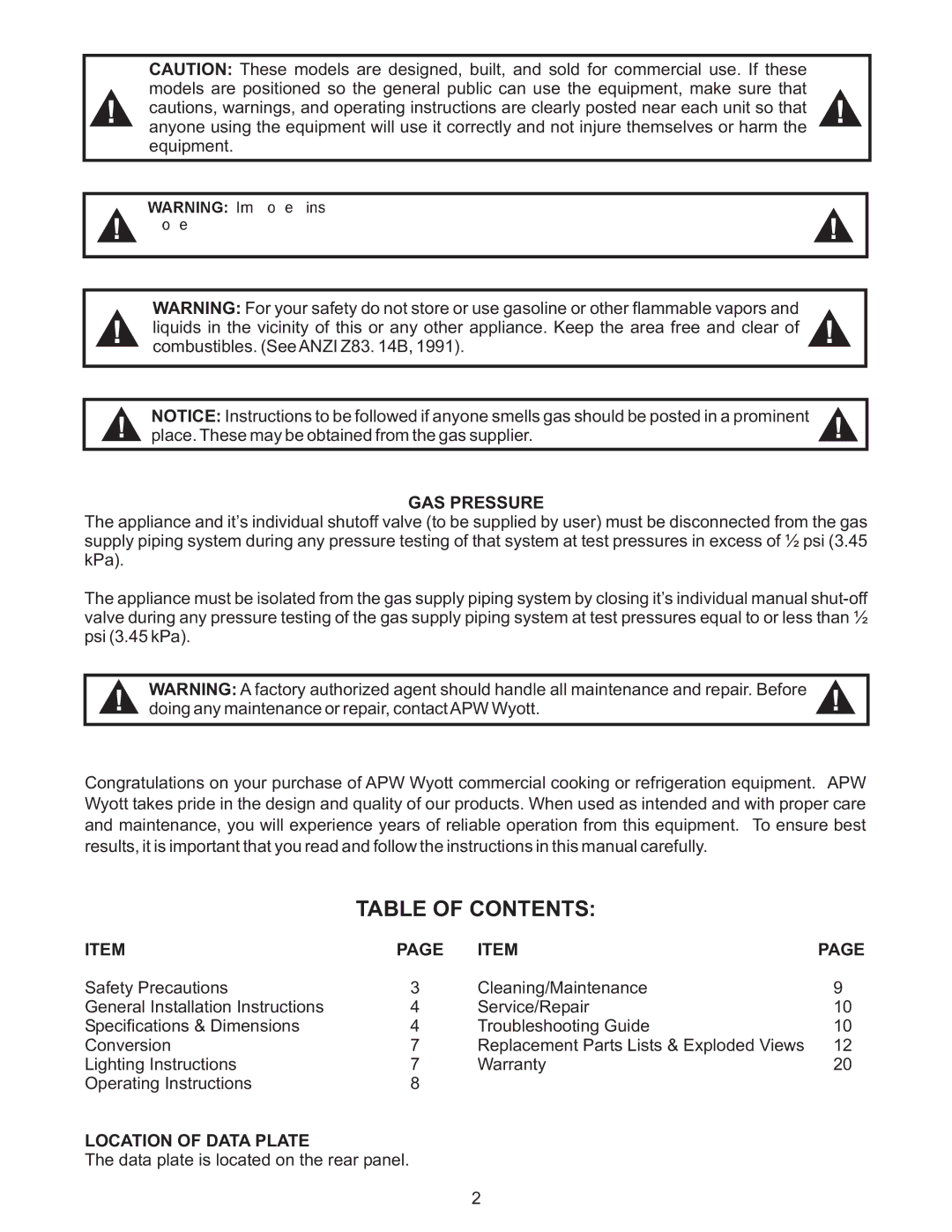 APW Wyott GCB-18H, GCRB-48H, GCRB-36H, GCB-48H, GCB-36H, GCRB-24H, GCB-24H, GCRB-18H warranty Canause, Table of Contents 