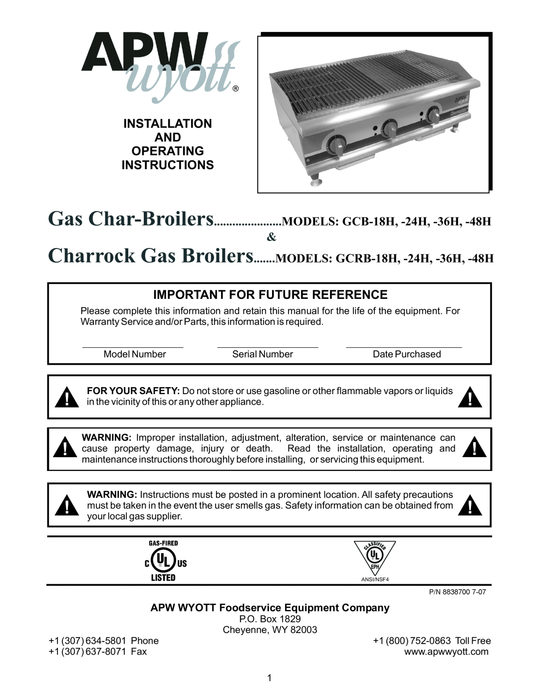 APW Wyott GCRB-36H warranty Installation And Operating Instructions, Important For Future Reference, Charrock Gas Broilers 