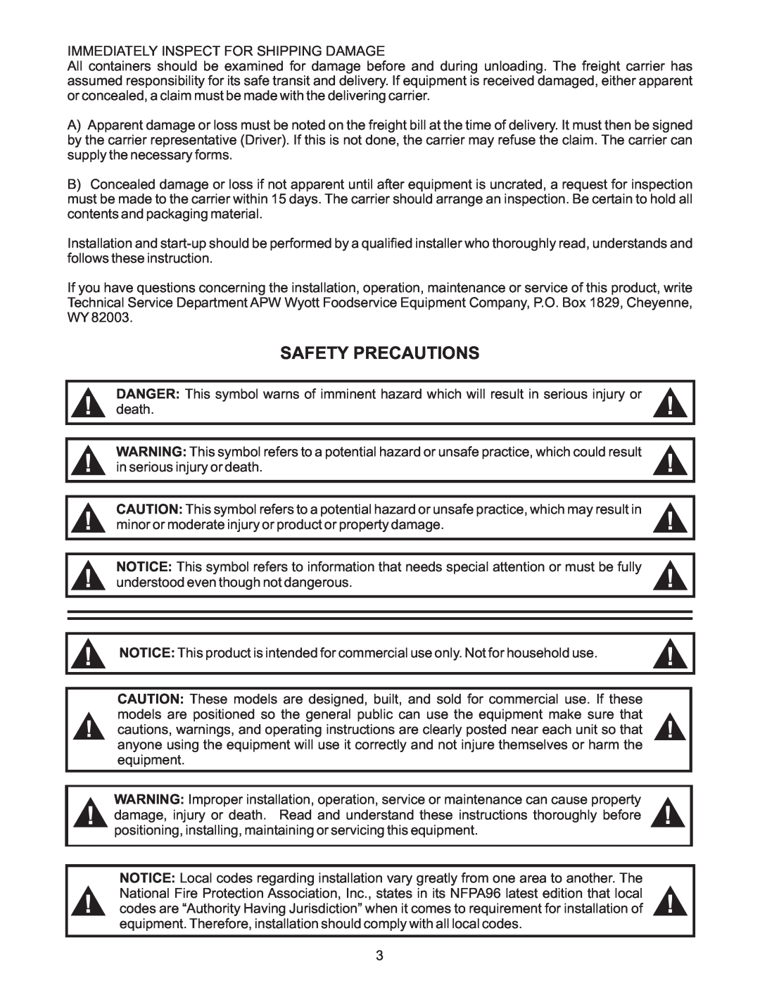 APW Wyott GCB-48H, GCRB-48H Safety Precautions, in serious injury or death, understood even though not dangerous 