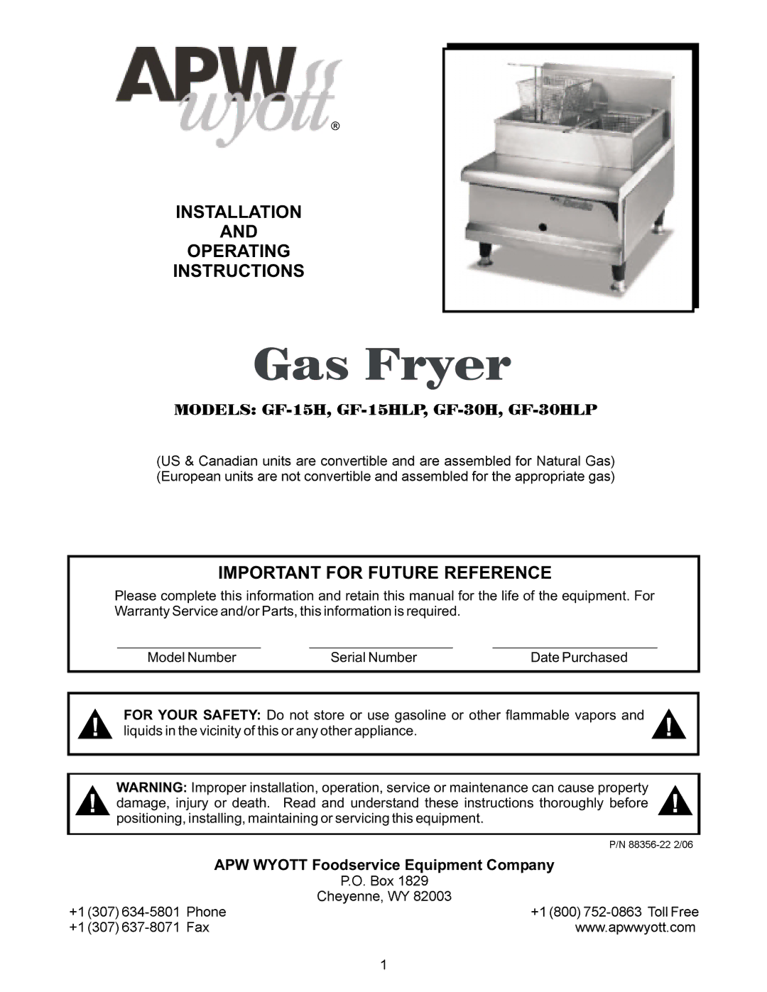 APW Wyott GF-30HLP, GF-15HLP warranty Rating Instructions, Important for Future Reference 