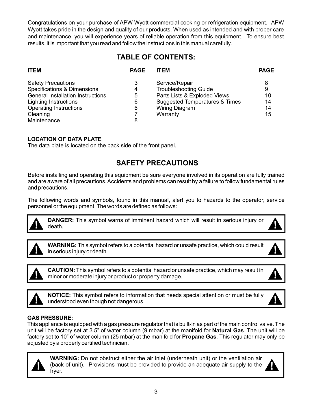 APW Wyott GF-15HLP, GF-30HLP warranty Table of Contents, Safety Precautions 