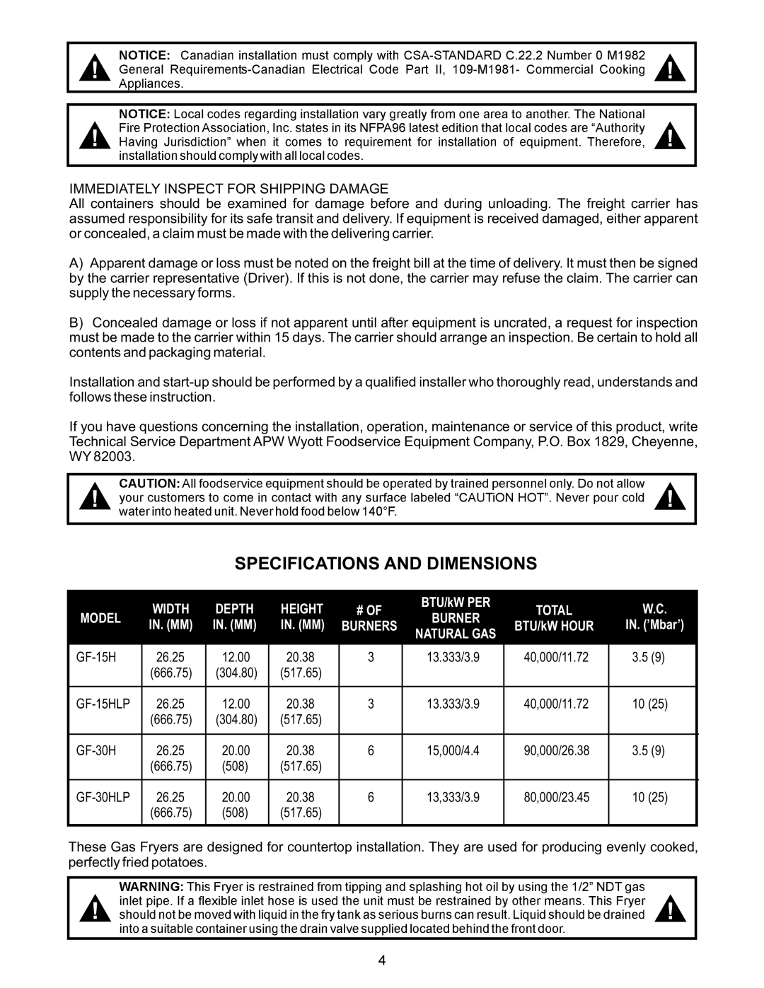 APW Wyott GF-30HLP, GF-15HLP warranty Specifications and Dimensions, Immediately Inspect for Shipping Damage 