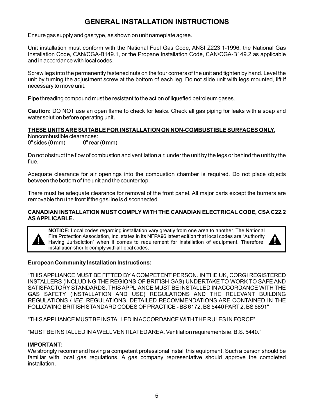 APW Wyott GF-30HLP, GF-15HLP warranty General Installation Instructions, European Community Installation Instructions 