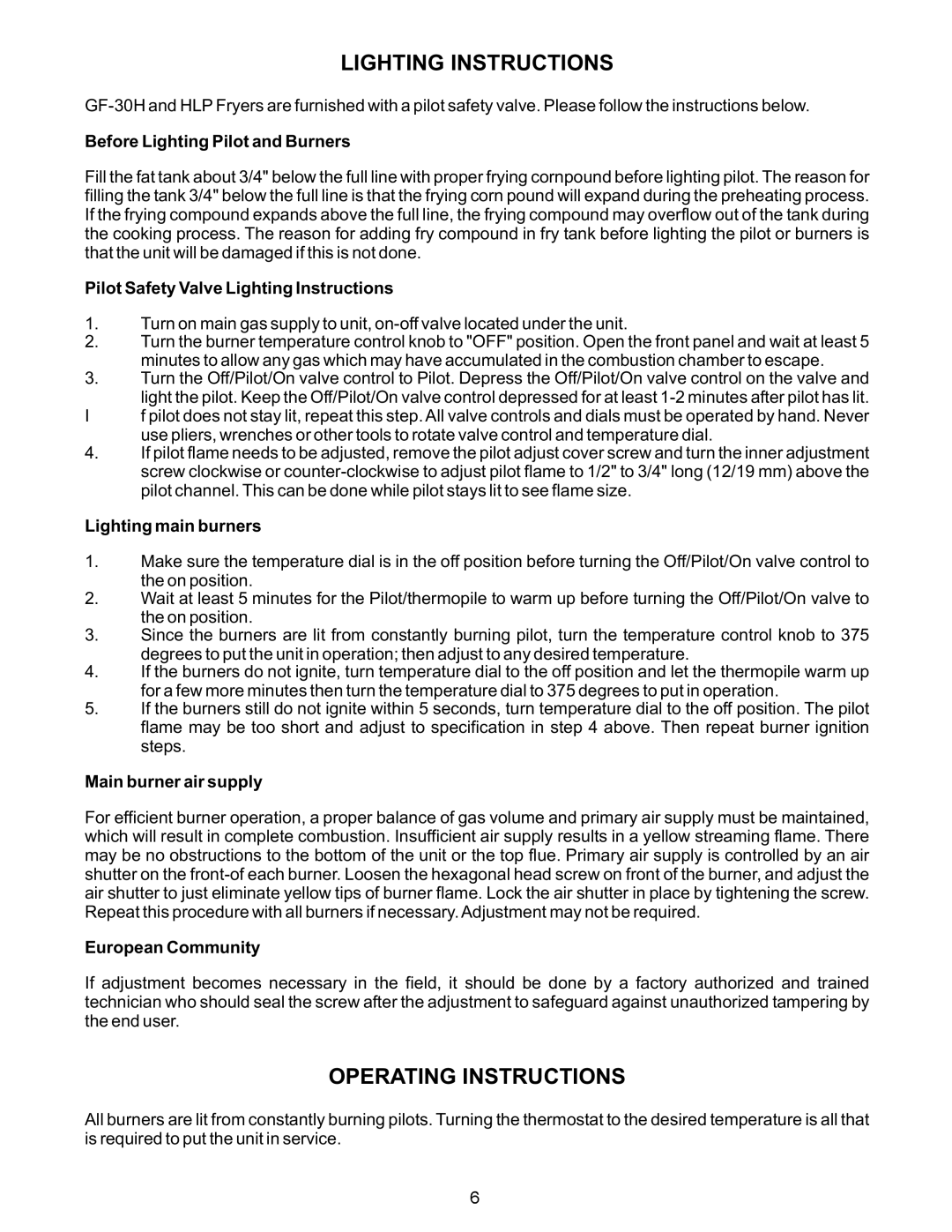 APW Wyott GF-30HLP, GF-15HLP warranty Lighting Instructions, Operating Instructions 