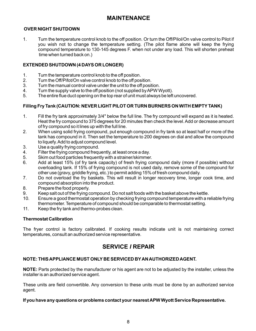 APW Wyott GF-30HLP, GF-15HLP Maintenance, Service Repair, Over Night Shutdown, Extended Shutdown 4 Days or Longer 