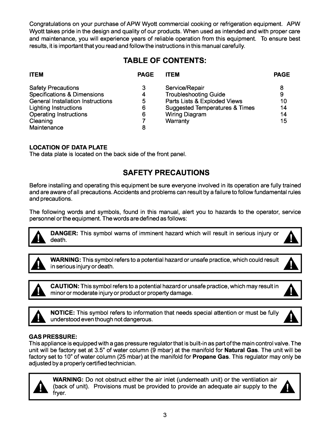 APW Wyott GF-15HLP Table Of Contents, Safety Precautions, Page, Location Of Data Plate, in serious injury or death 