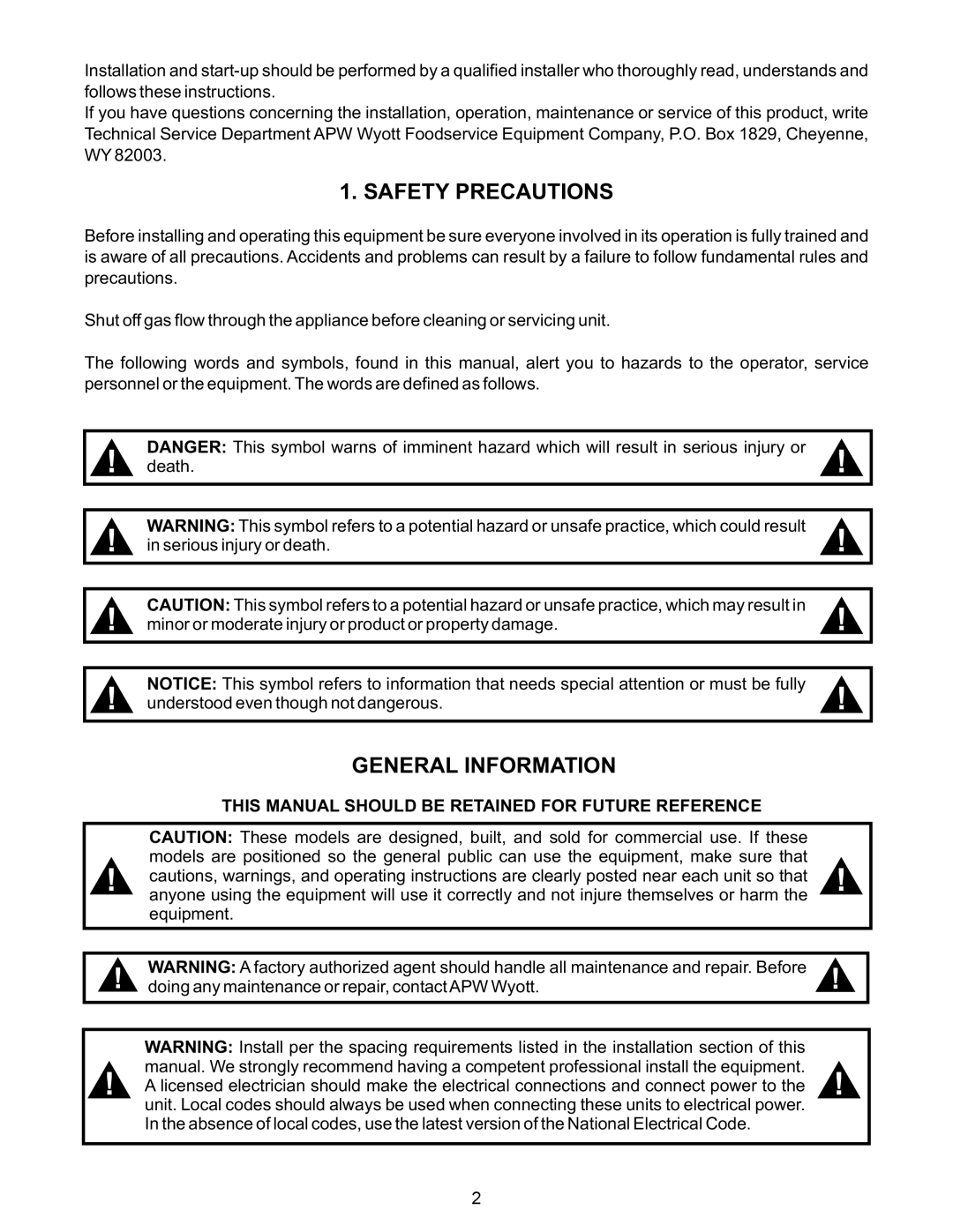 APW Wyott GGT-24H warranty Safety Precautions, General Information 