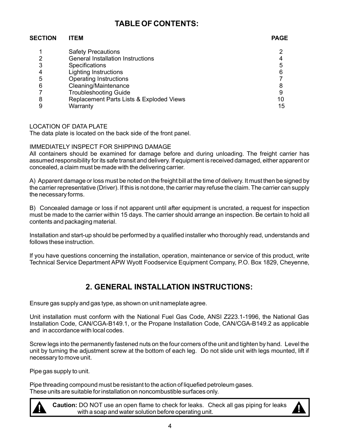 APW Wyott GGT-24H warranty Table of Contents, General Installation Instructions 