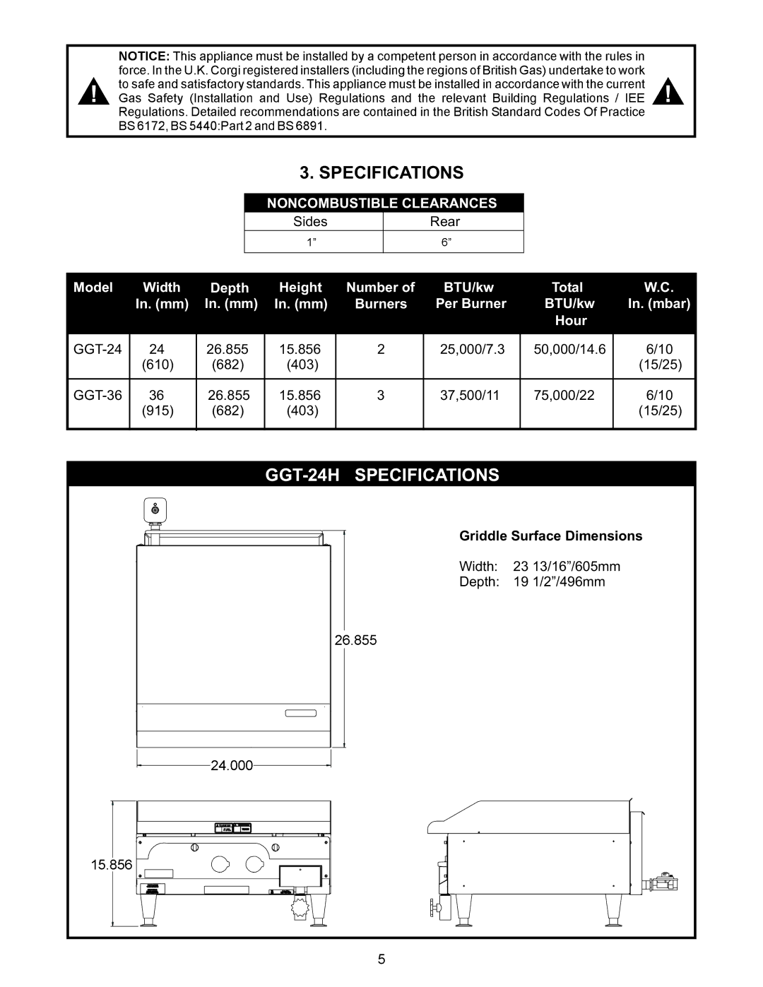 APW Wyott GGT-24H warranty Specifications, Noncombustible Clearances 