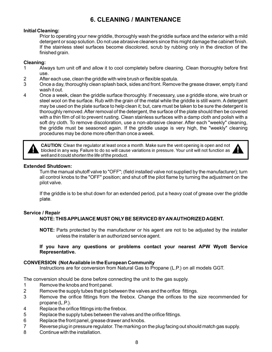 APW Wyott GGT-24H warranty Cleaning / Maintenance, Initial Cleaning 