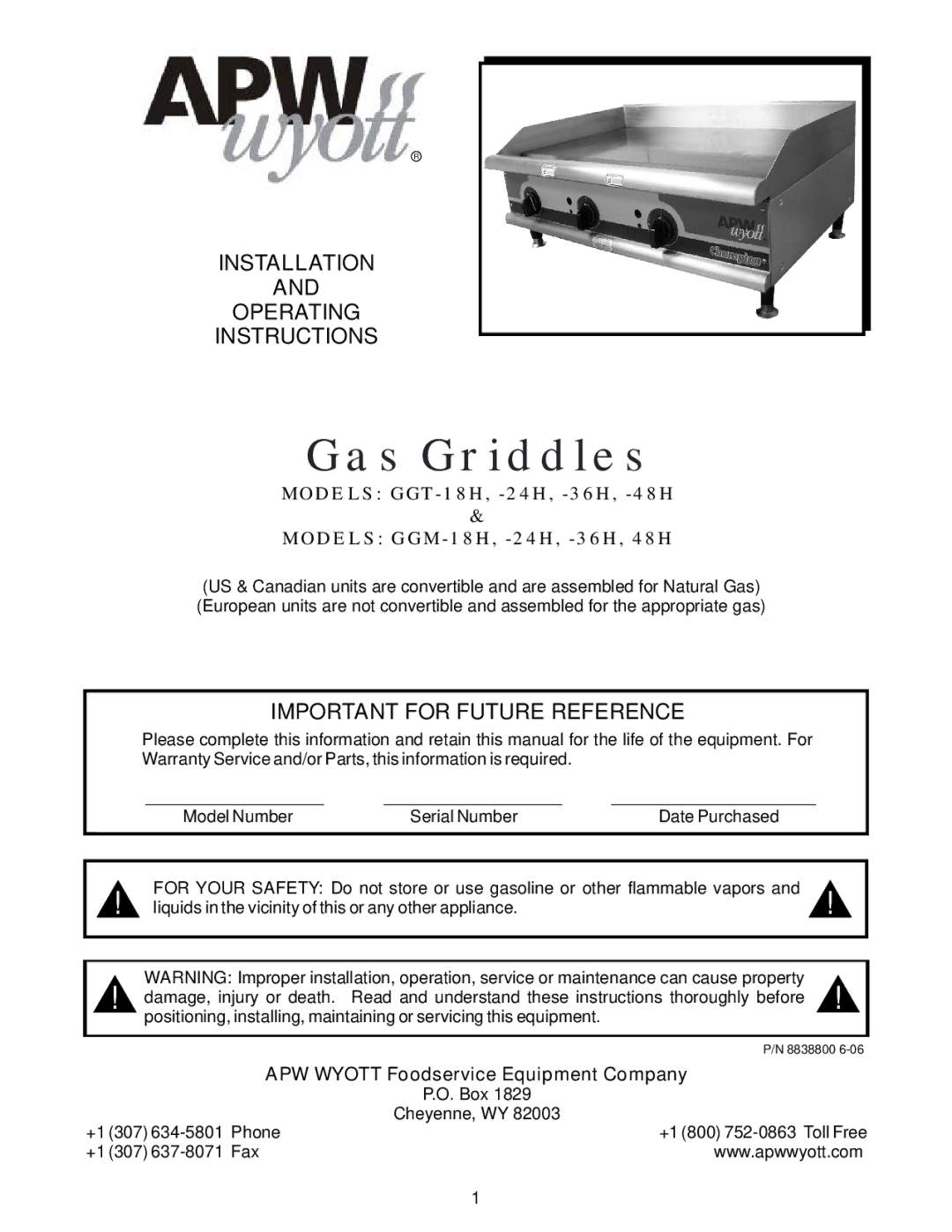 APW Wyott GGM-36H, GGT-36H, GGT-18H, GGM-48H warranty Installation Operating Instructions, Important for Future Reference 